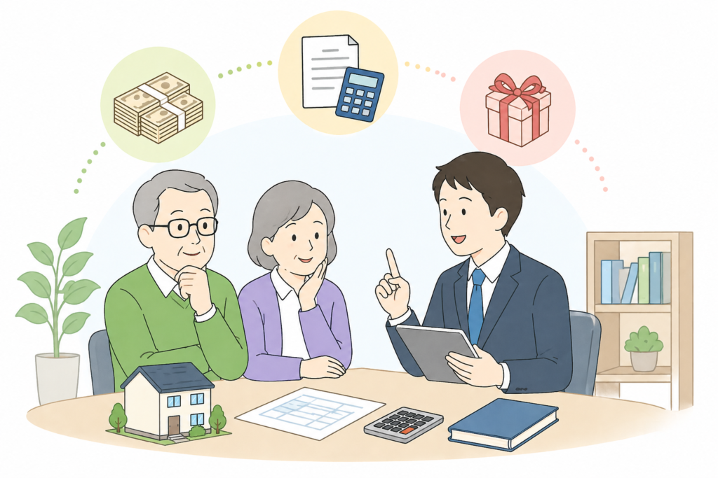 年配の夫婦が専門家に相談しているイラスト