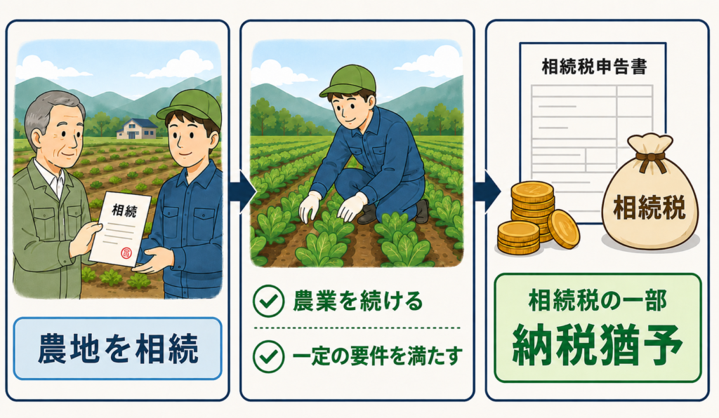 農地を相続し農業を続けると相続税の一部が納税猶予される流れ