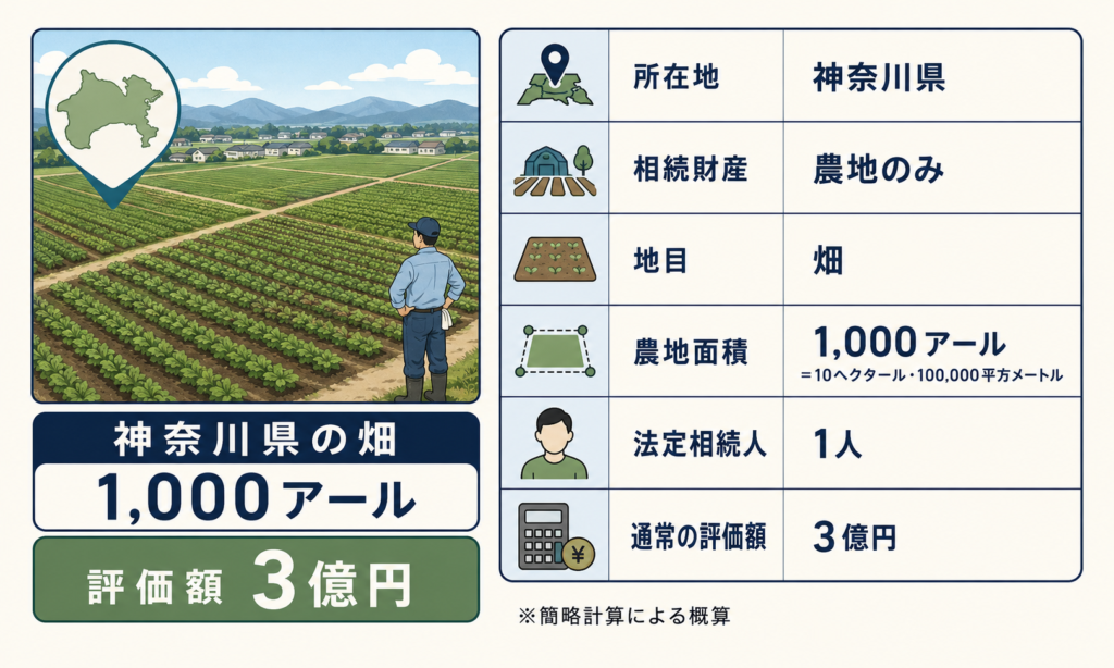 計算例の前提条件（神奈川県の畑1,000アール・評価額3億円）