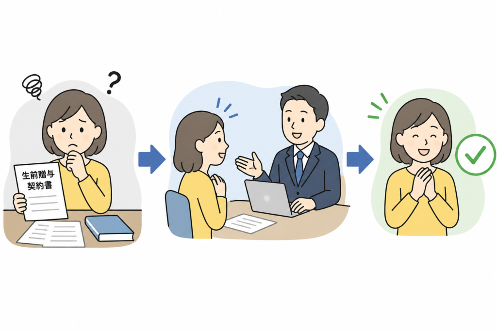 生前贈与契約書の相談から解決までの流れのイラスト