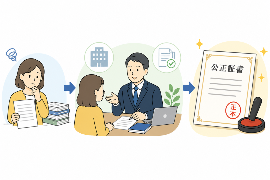 公正証書作成を専門家と行なっている女性のイラスト