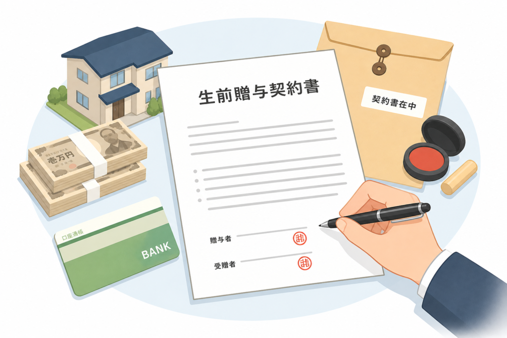 生前贈与契約書を書いているイラスト