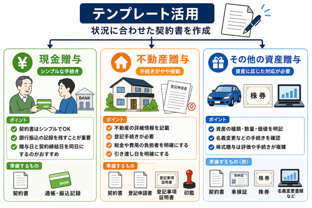 生前贈与契約書のテンプレート活用例の図解