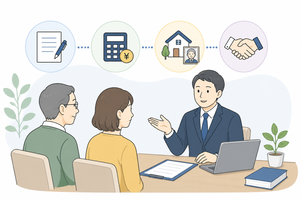 生前贈与契約書の作成について専門家に相談している夫婦のイラスト