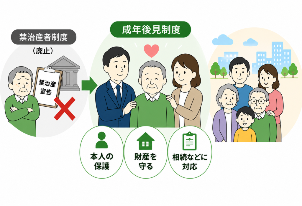 禁治産者制度から成年後見制度への移行を表したイラスト