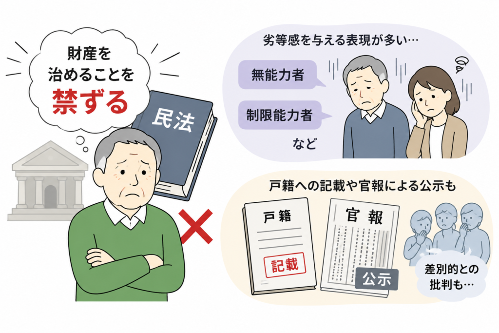 禁治産者制度で使われていた差別的表現や戸籍記載を表したイラスト