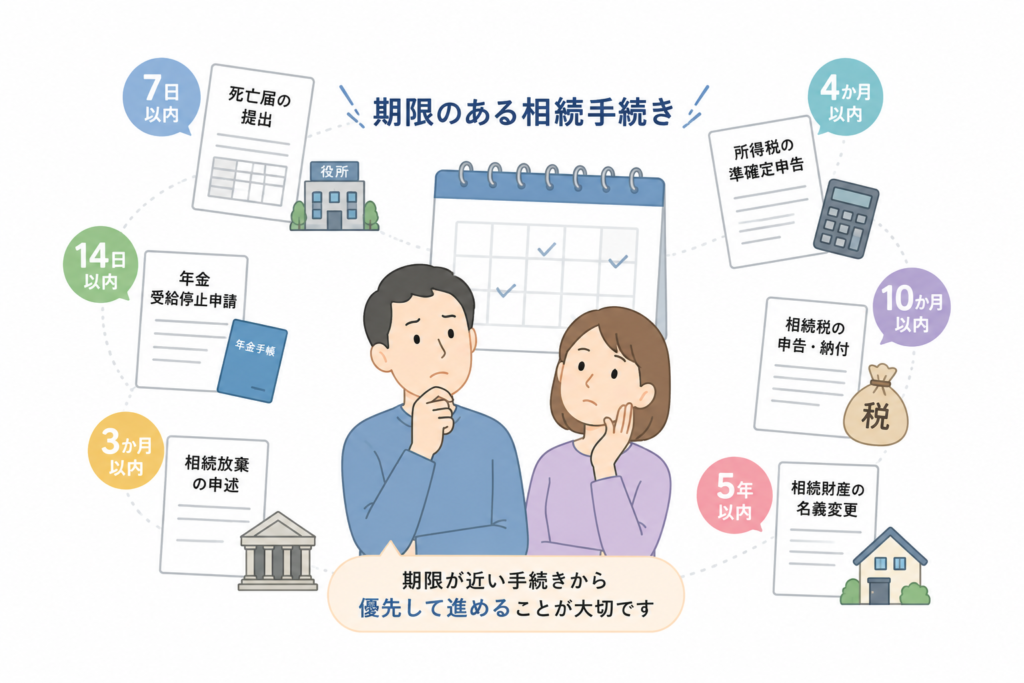 相続手続きに悩んでいる夫婦のイラスト