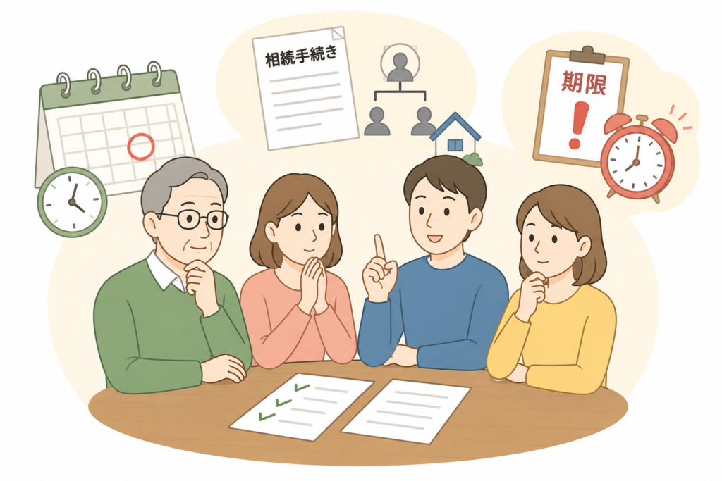 相続手続きについて話し合う家族のイラスト