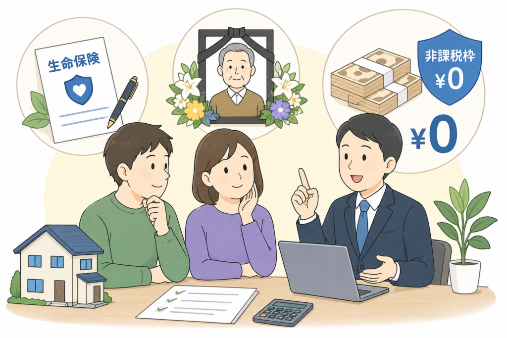 相続税について税理士に相談している夫婦のイラスト