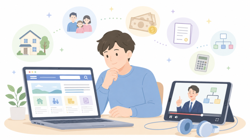 YouTubeやサイトで相続税の勉強をしている男性のイラスト