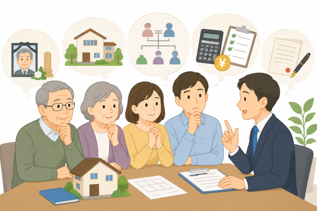 親名義の家の相続について税理士に相談している家族のイラスト