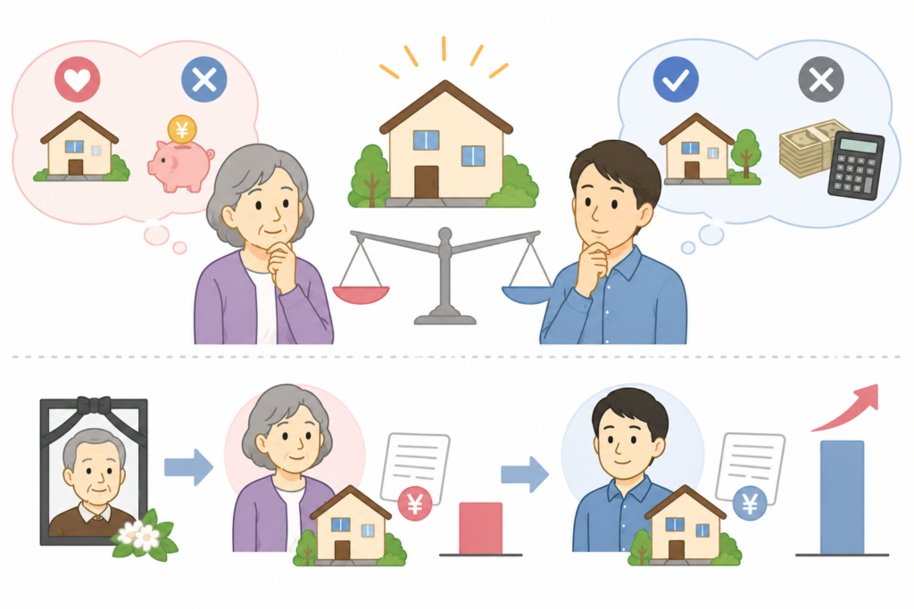 家の相続を母と子どちらがするかを迷っているイラスト