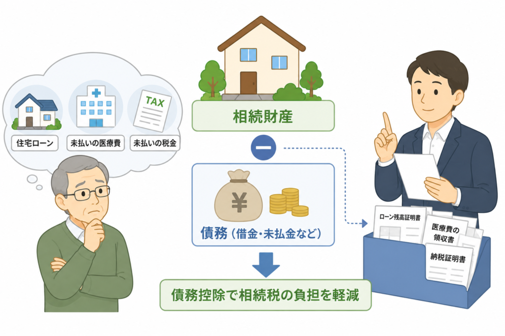 相続財産から借金や未払い金を差し引ける「債務控除」をイメージしたイラスト