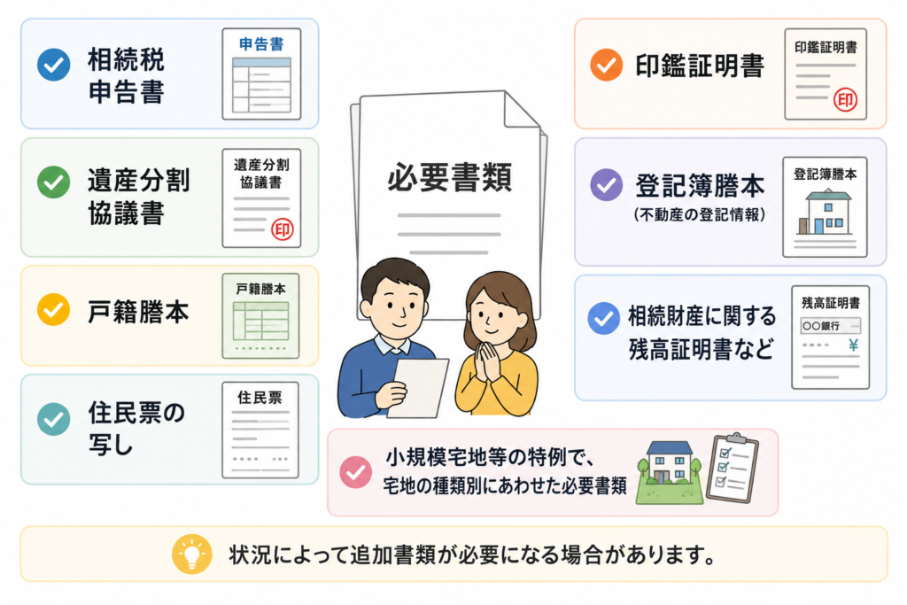 小規模宅地特例を受ける際に必要となる書類のイラスト