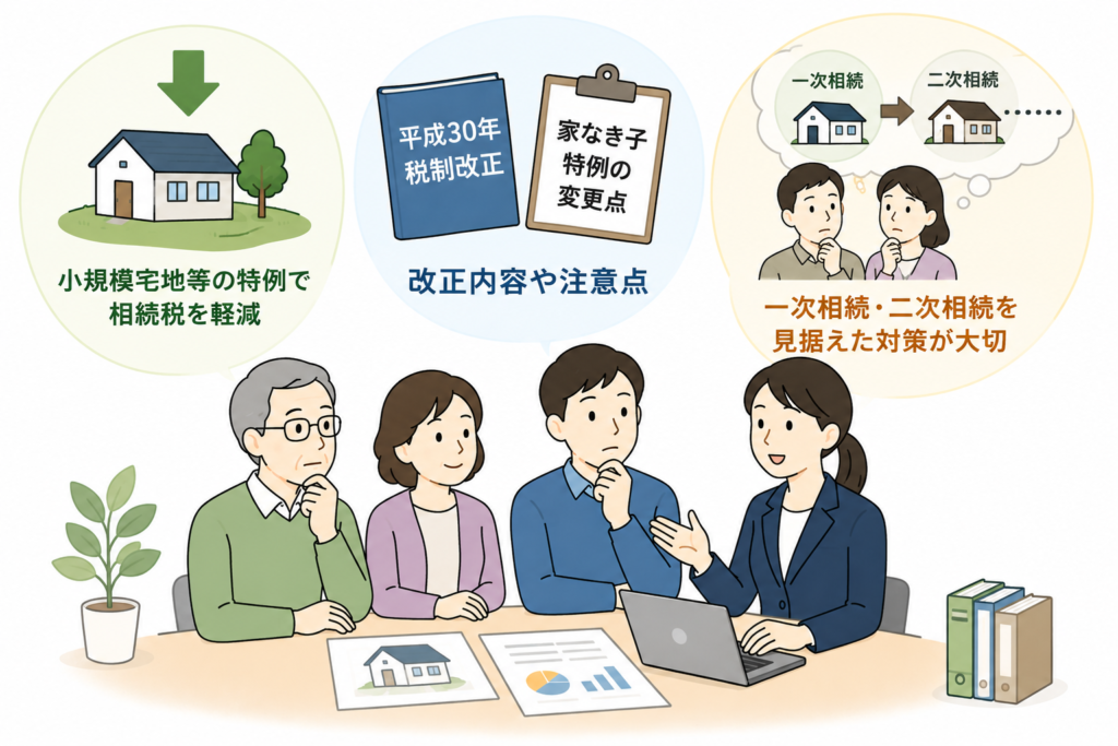 小規模宅地等の特例について専門家に相談している家族のイラスト