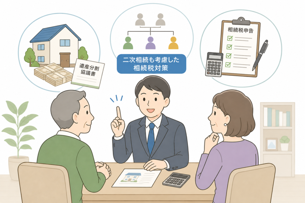 専門家に遺産・相続税相談をしている夫婦のイラスト