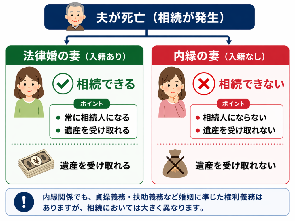 相続における内縁関係と婚姻関係の違いの図解