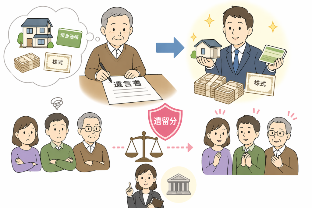 おじいちゃんが遺言を書いて相続分を決めているイラスト