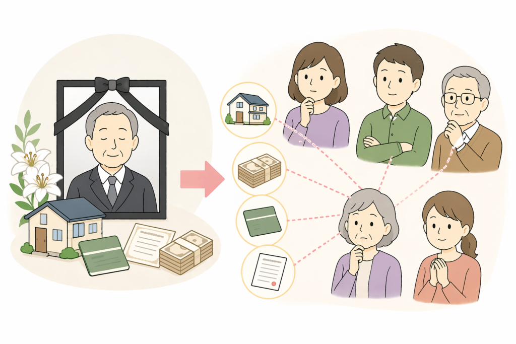 相続人、被相続人と相続されるものが記載されたイラスト