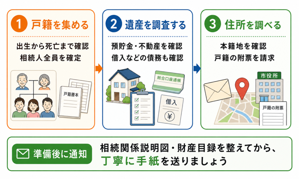 相続開始から相続人に手紙を出すまでを示した図解