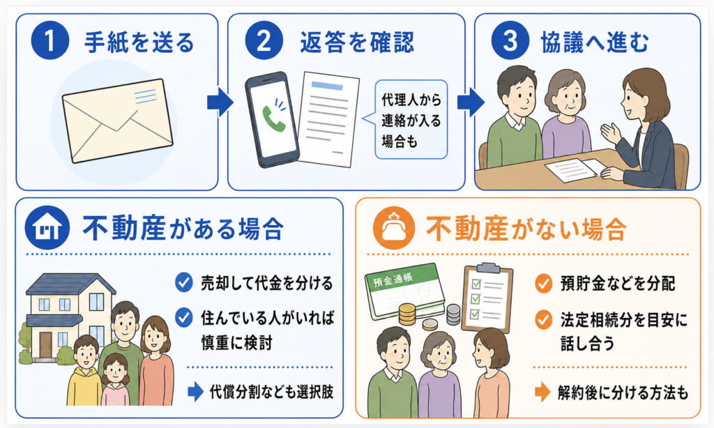 相続人へ通知した後の遺産分割協議の流れをまとめた図解