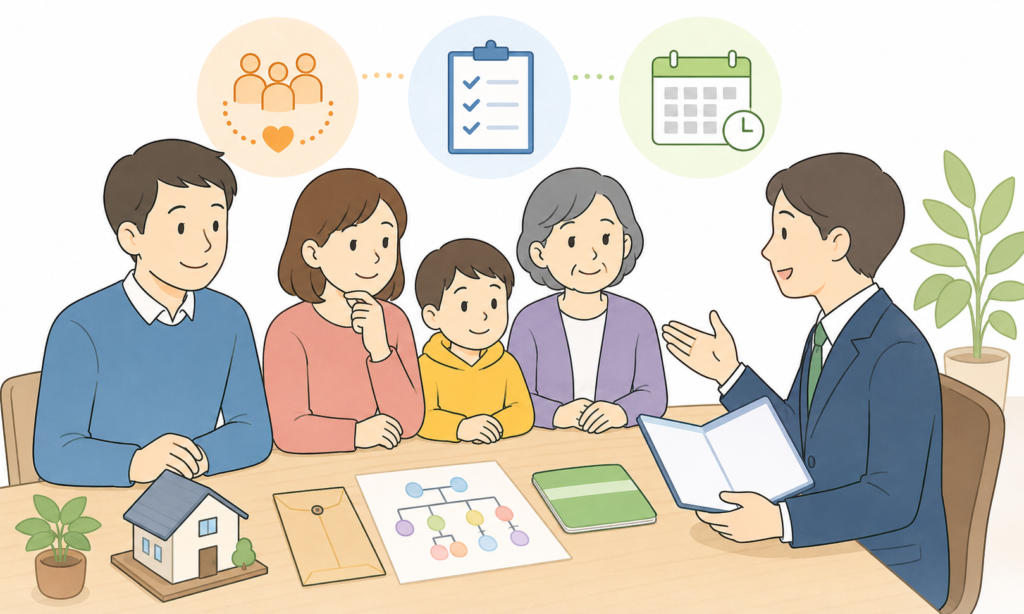 相続手続きについて専門家に相談する家族のイラスト