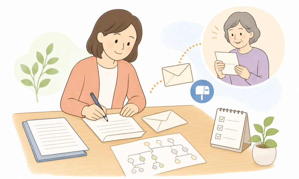 相続人へ送る手紙を丁寧に作成する様子のイラスト