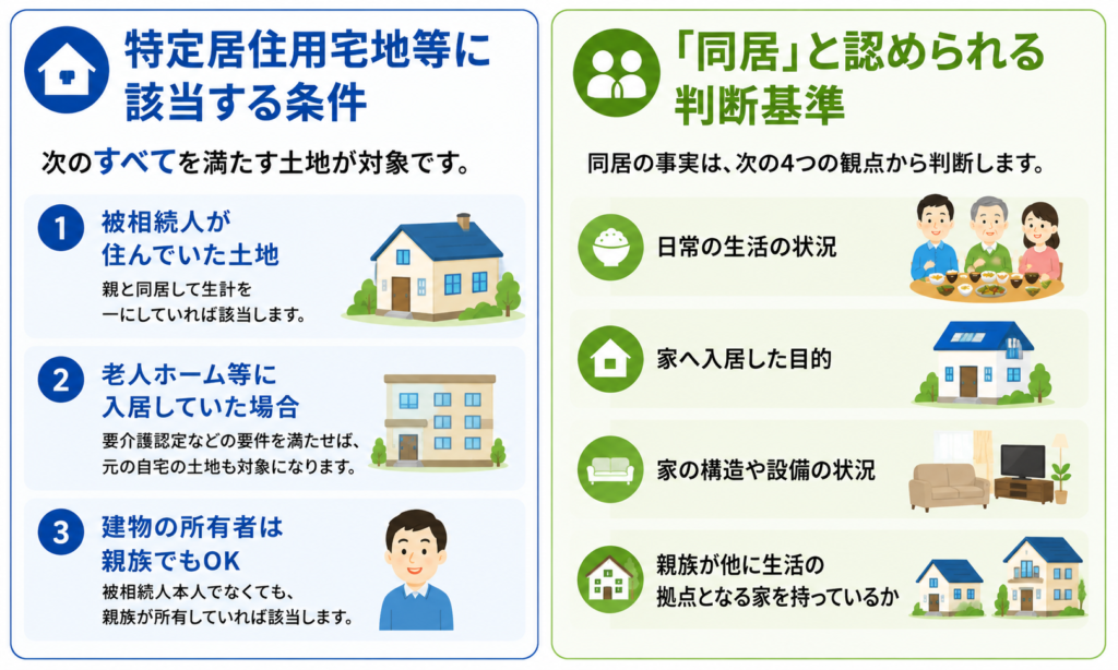特定居住用宅地等の要件と同居の判断基準をまとめた図解