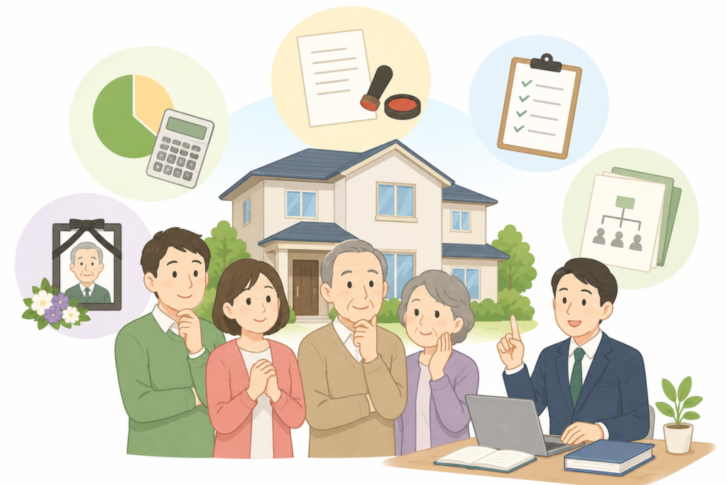 小規模宅地等の特例について税理士に相談している家族のイラスト