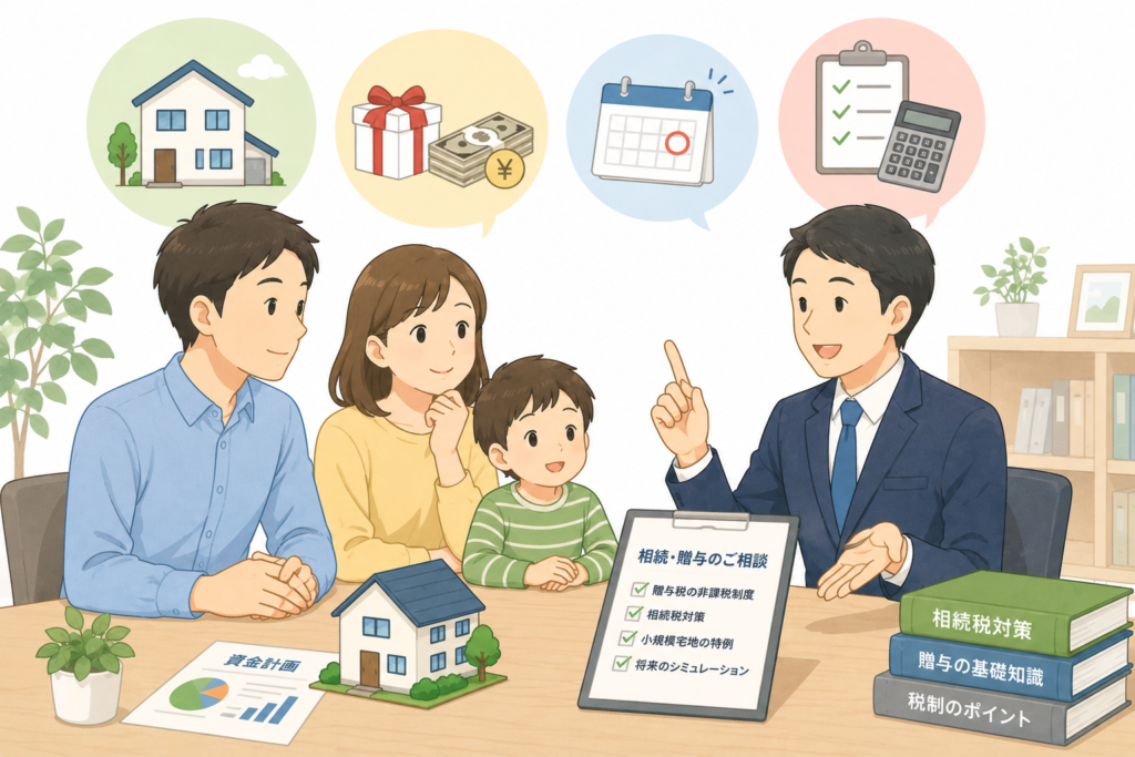 住宅取得資金贈与や相続について税理士に相談する家族のイラスト