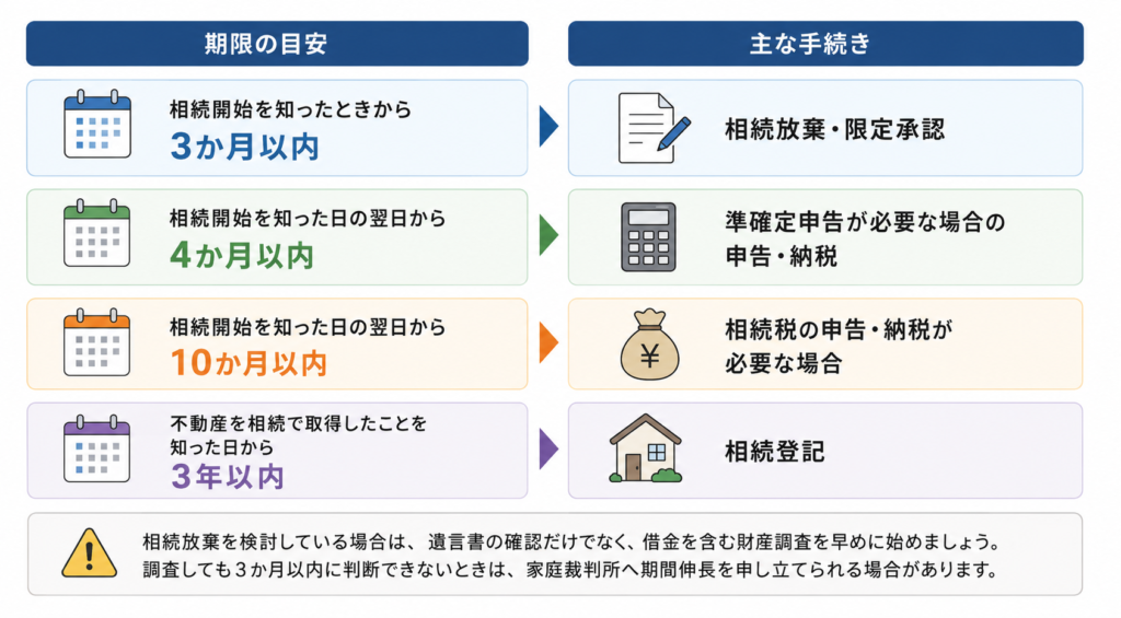 相続手続きの主な期限と内容を示した図解