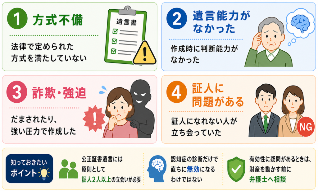 公正証書遺言が無効になる主な4つのケースを示した図解