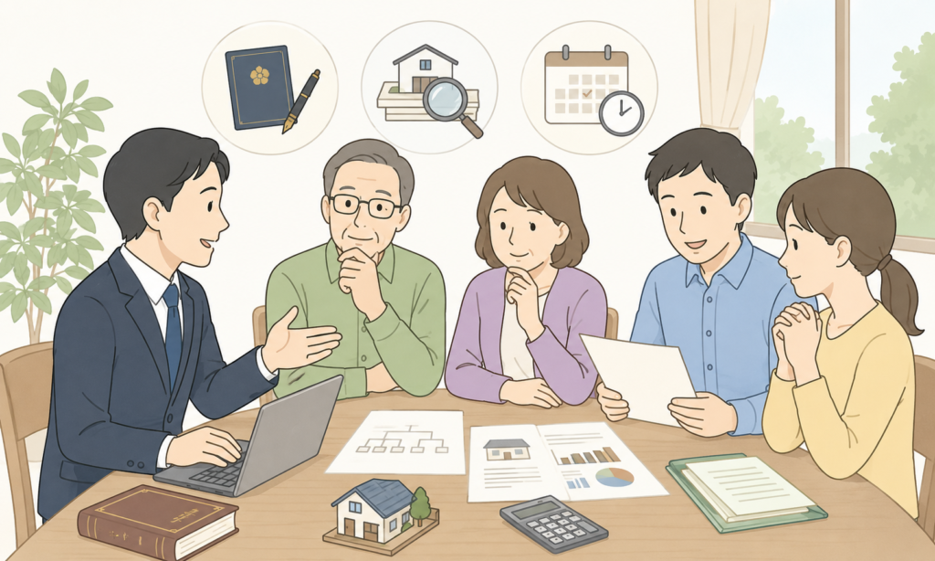 公正証書遺言について税理士へ相談する家族のイラスト
