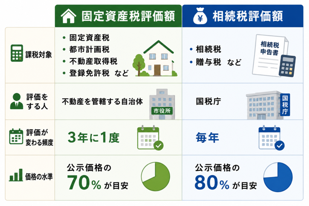 固定資産税評価額と相続税評価額の違いの図解