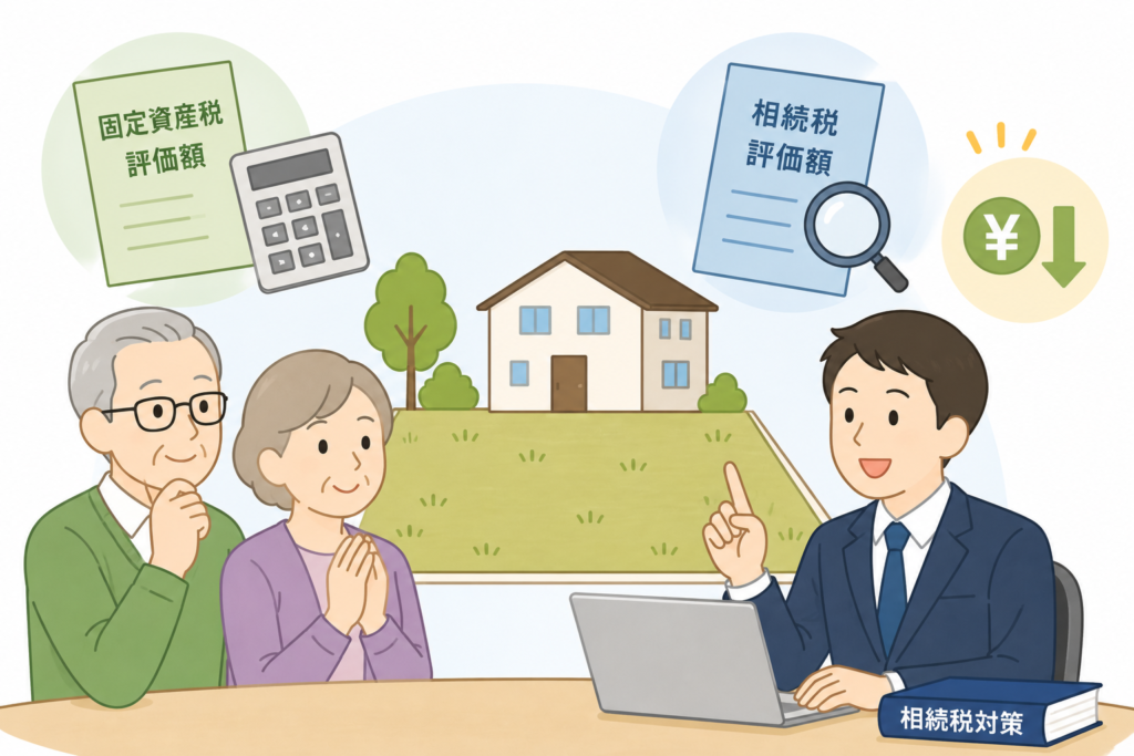 固定資産税評価額と相続税評価額を専門家に相談している夫婦のイラスト