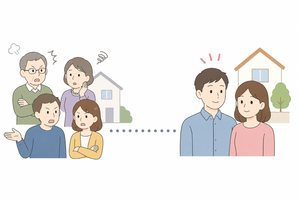 親族間トラブルに巻き込まれている夫婦と問題なく仲良しな夫婦のイラスト