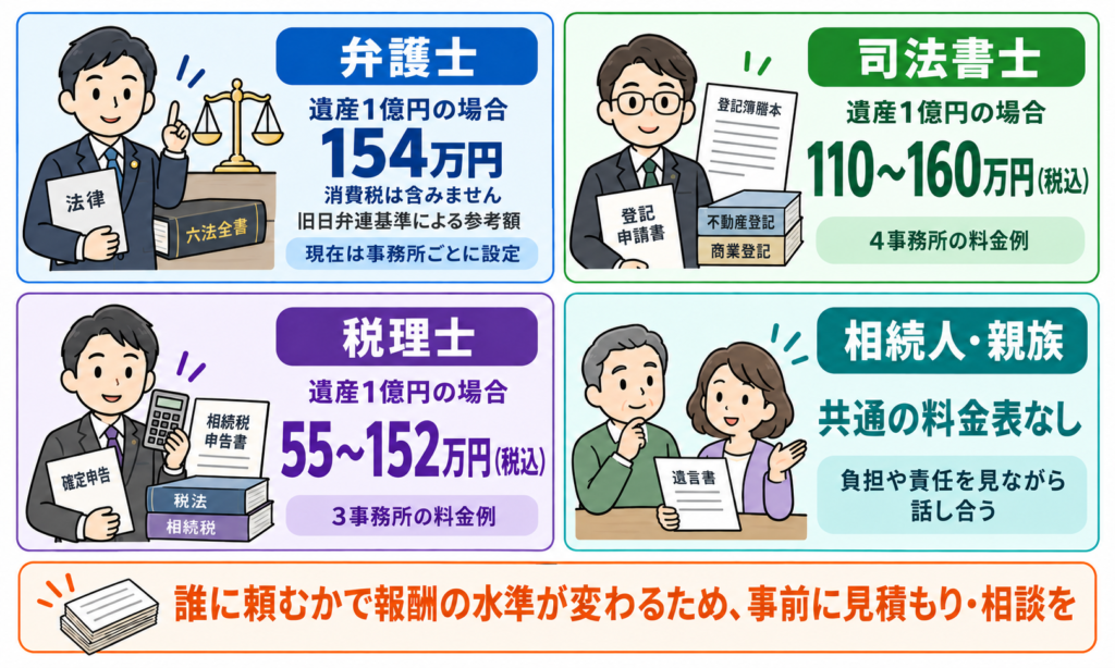 依頼先別に比較した遺言執行者報酬の料金例