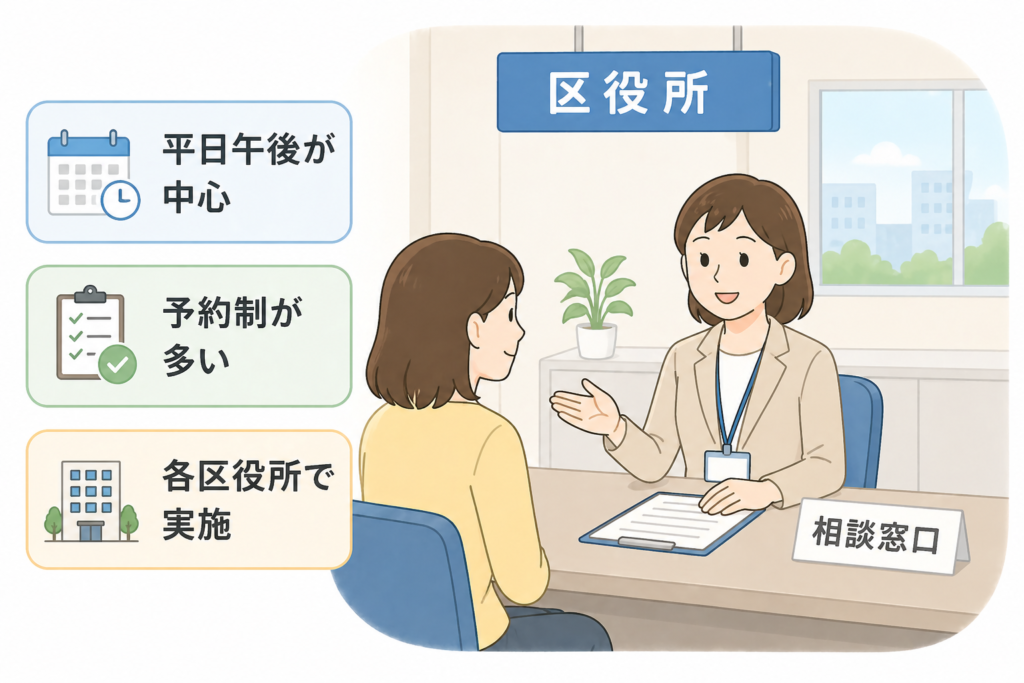 横浜市の相談窓口で相談している女性のイラスト