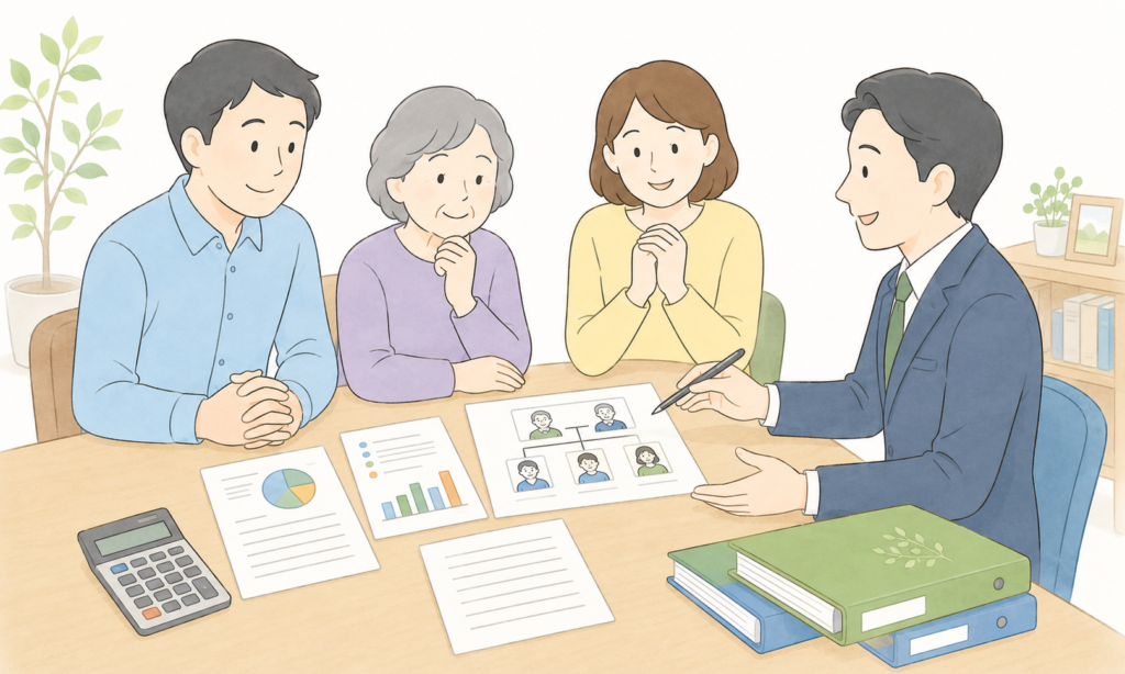 数次相続の手続きについて税理士に相談している家族のイラスト