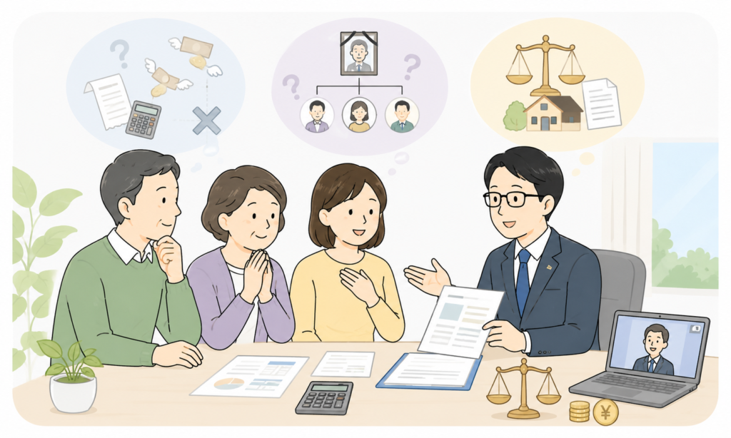 税理士報酬について専門家に相談している家族のイラスト