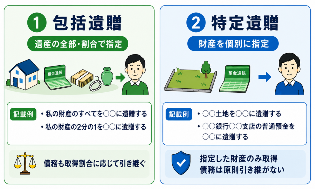 遺贈の種類と詳細を示した図解