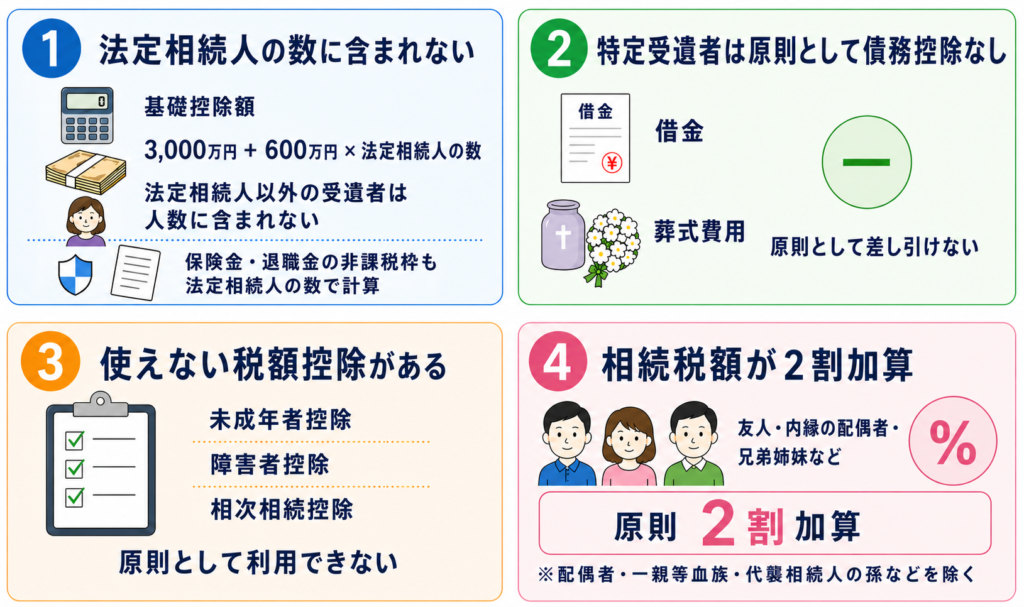 他人に財産を遺贈するときの4つの注意点の図解