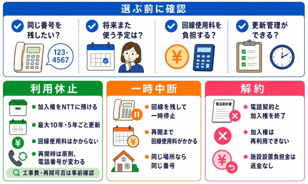 電話加入権を使わない場合の利用休止・一時中断・解約を比較した図解