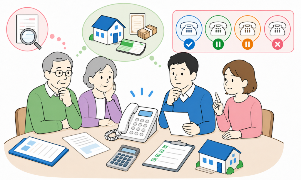 電話加入権を含む相続財産の手続きを家族で検討する様子を示したイラスト
