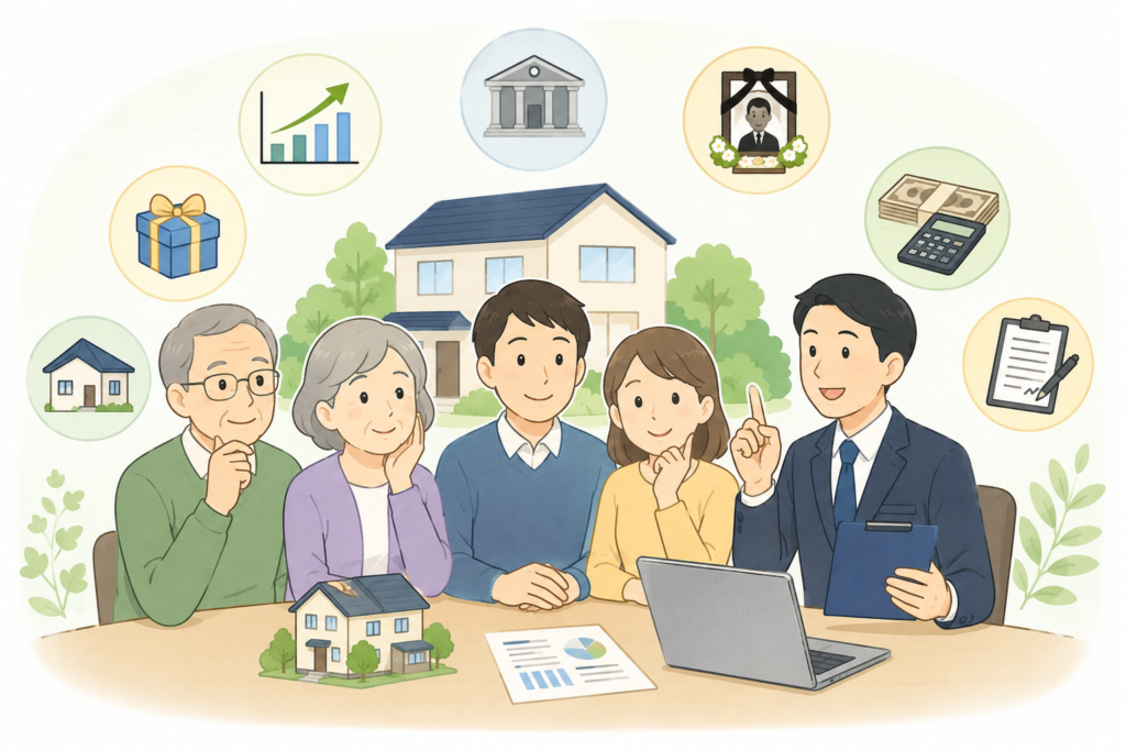 相続税の節税方法を税理士に相談する家族のイラスト