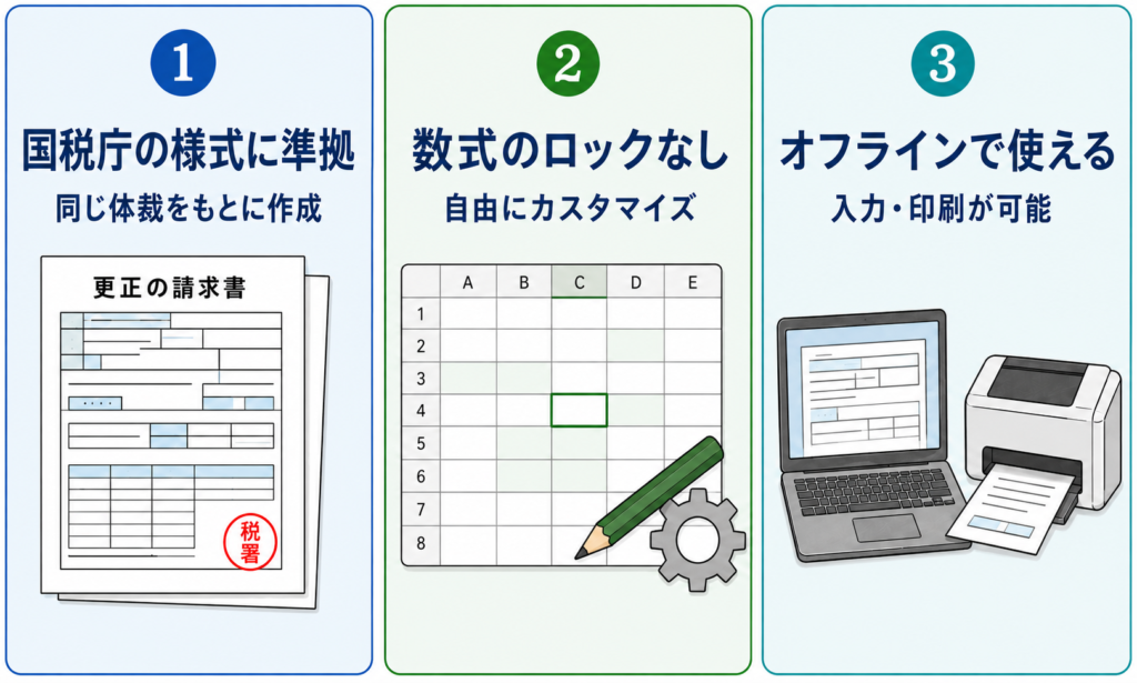更正の請求書エクセルテンプレートの3つの特徴(国税庁の様式に準拠・数式のロックなし・オフラインで入力印刷が可能)