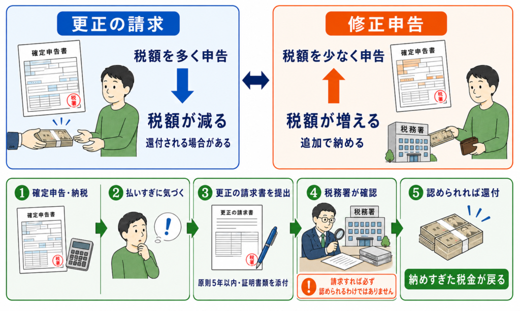 更正の請求と修正申告の違いと、更正の請求の手続きの流れ(申告・納税から還付までの5ステップ)