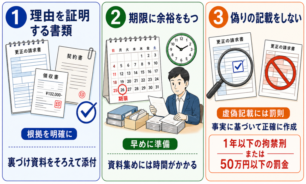 更正の請求で失敗しないための3つの注意点(証明書類をそろえる・期限に余裕をもつ・偽りの記載をしない)