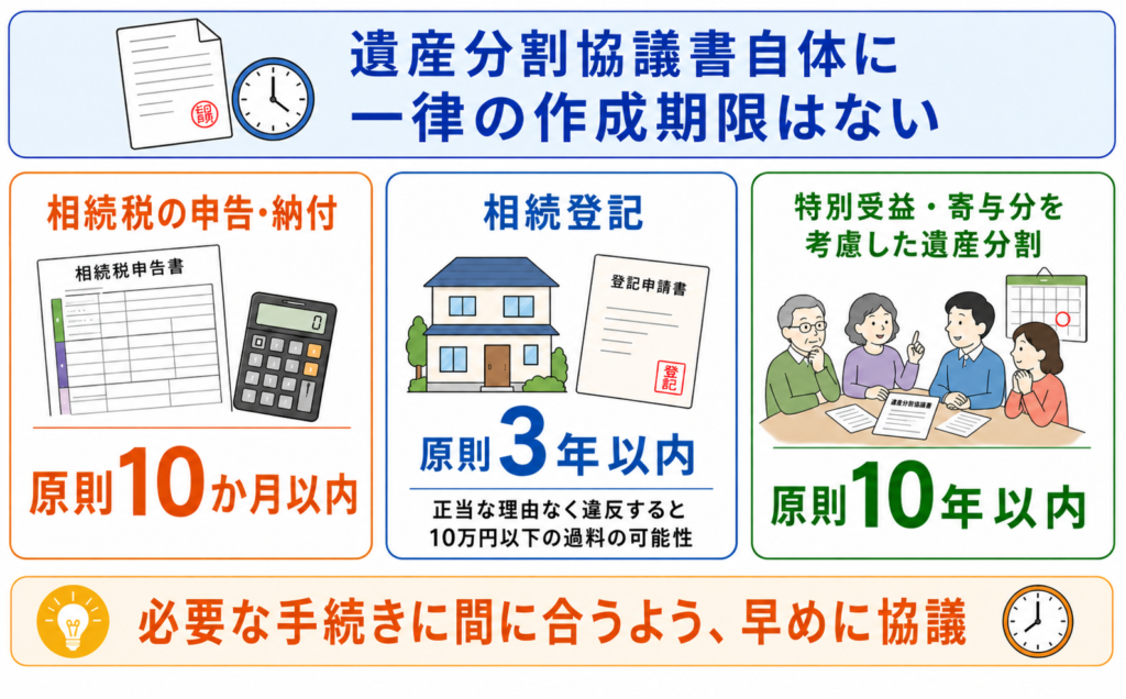 遺産分割協議書に関係する3つの期限を示した図解