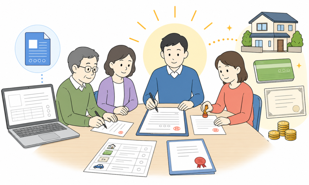 遺産分割協議書に合意し、1人が遺産を相続する様子のイラスト